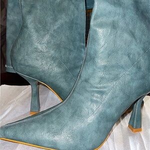 Faux Leather Blue Wash Pointy Toe Tall Heel Boot with Side Zipper